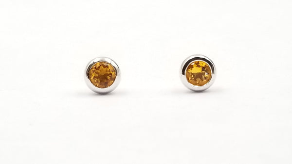 CITRINE 6 MM ROUND BEZEL SET STERLING SILVER STUDS EARRINGS