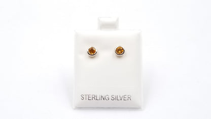 CITRINE 4 MM ROUND BEZEL SET STERLING SILVER STUDS EARRINGS
