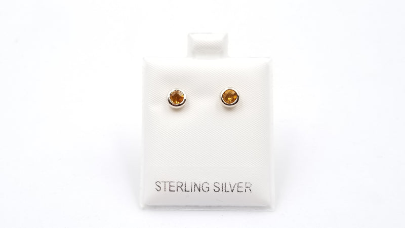 CITRINE 4 MM ROUND BEZEL SET STERLING SILVER STUDS EARRINGS