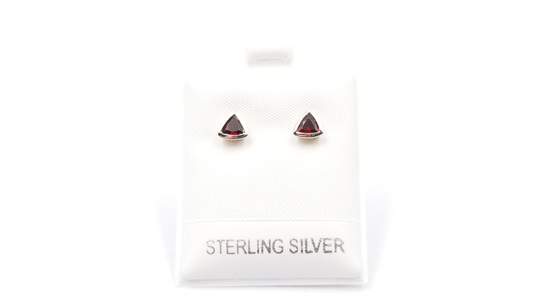 GARNET 4X4 MM TRIANGLE SHAPE BEZEL SET STERLING SILVER STUDS EARRINGS