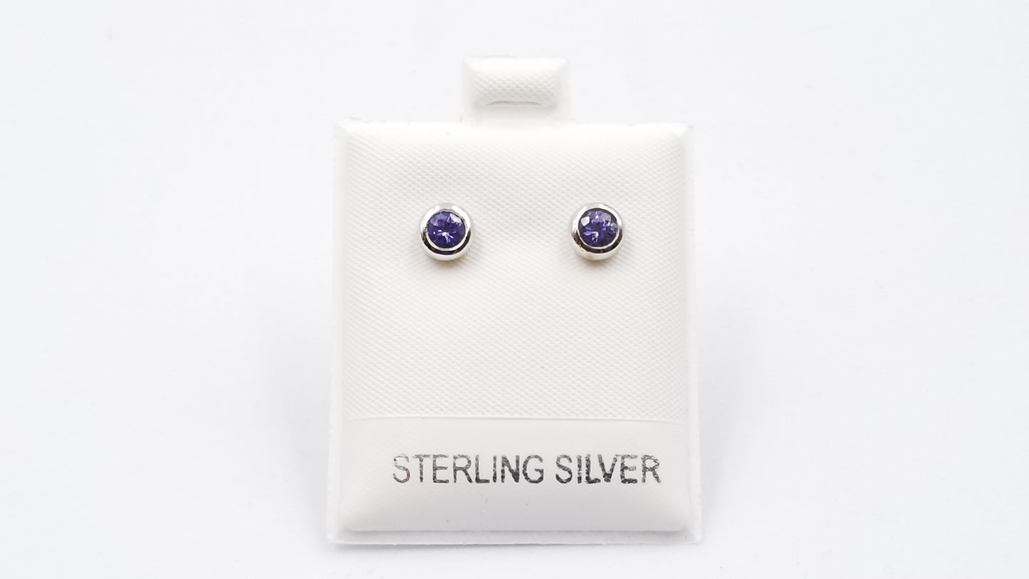 TANZANITE 4 MM ROUND BEZEL SET STERLING SILVER STUDS EARRINGS