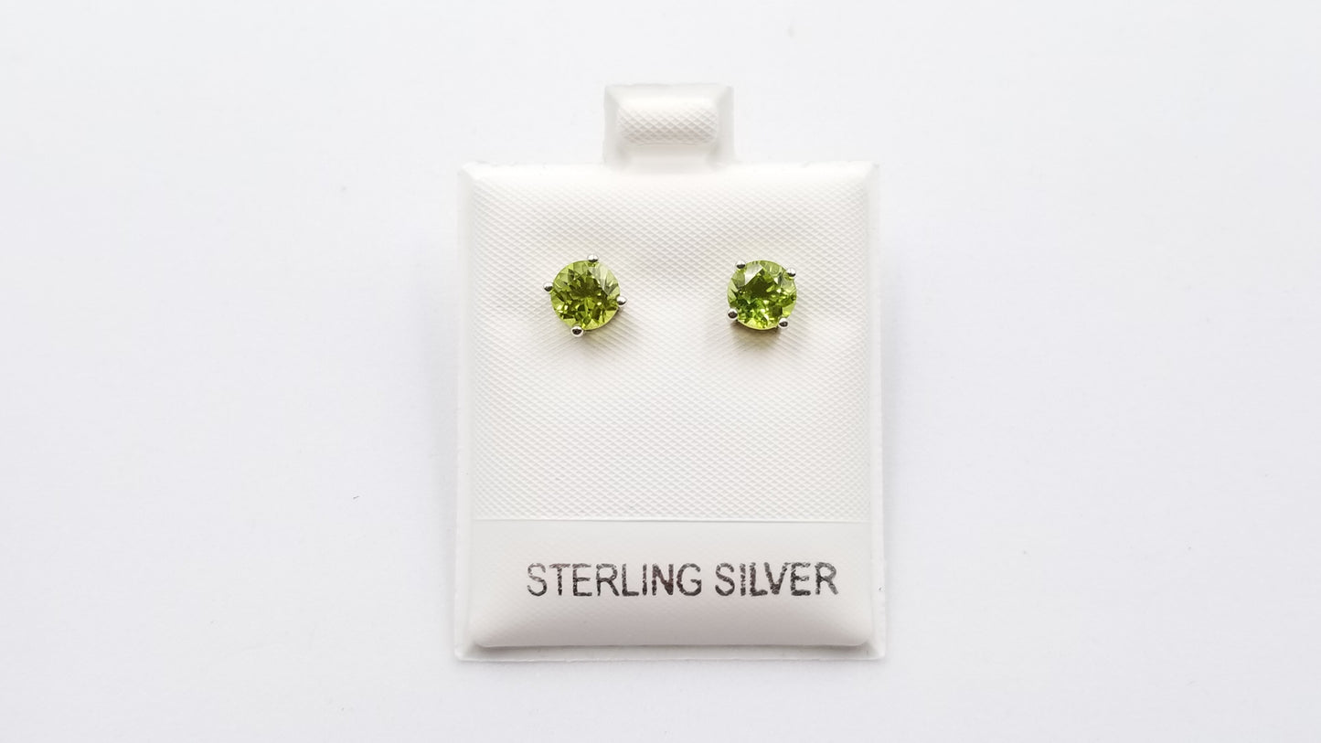 PERIDOT 6 MM ROUND 4 PRONG SET STERLING SILVER STUDS EARRINGS