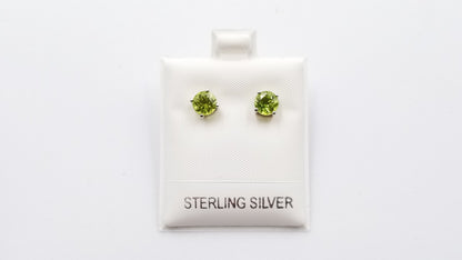 PERIDOT 6 MM ROUND 4 PRONG SET STERLING SILVER STUDS EARRINGS