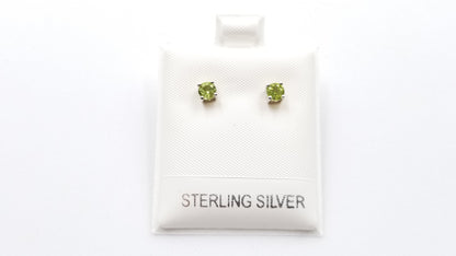 PERIDOT 4 MM ROUND 4 PRONG SET STERLING SILVER STUDS EARRINGS