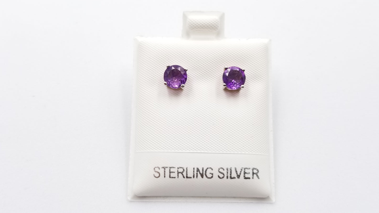 AMETHYST 6 MM ROUND PRONG SET STERLING SILVER STUDS EARRINGS
