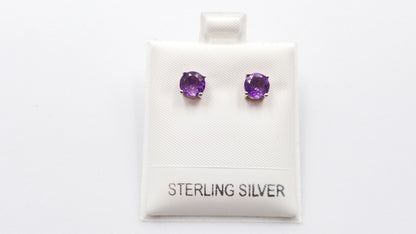 AMETHYST 6 MM ROUND PRONG SET STERLING SILVER STUDS EARRINGS