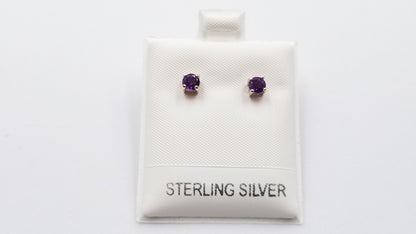 AMETHYST 4 MM ROUND PRONG SET STERLING SILVER STUDS EARRINGS