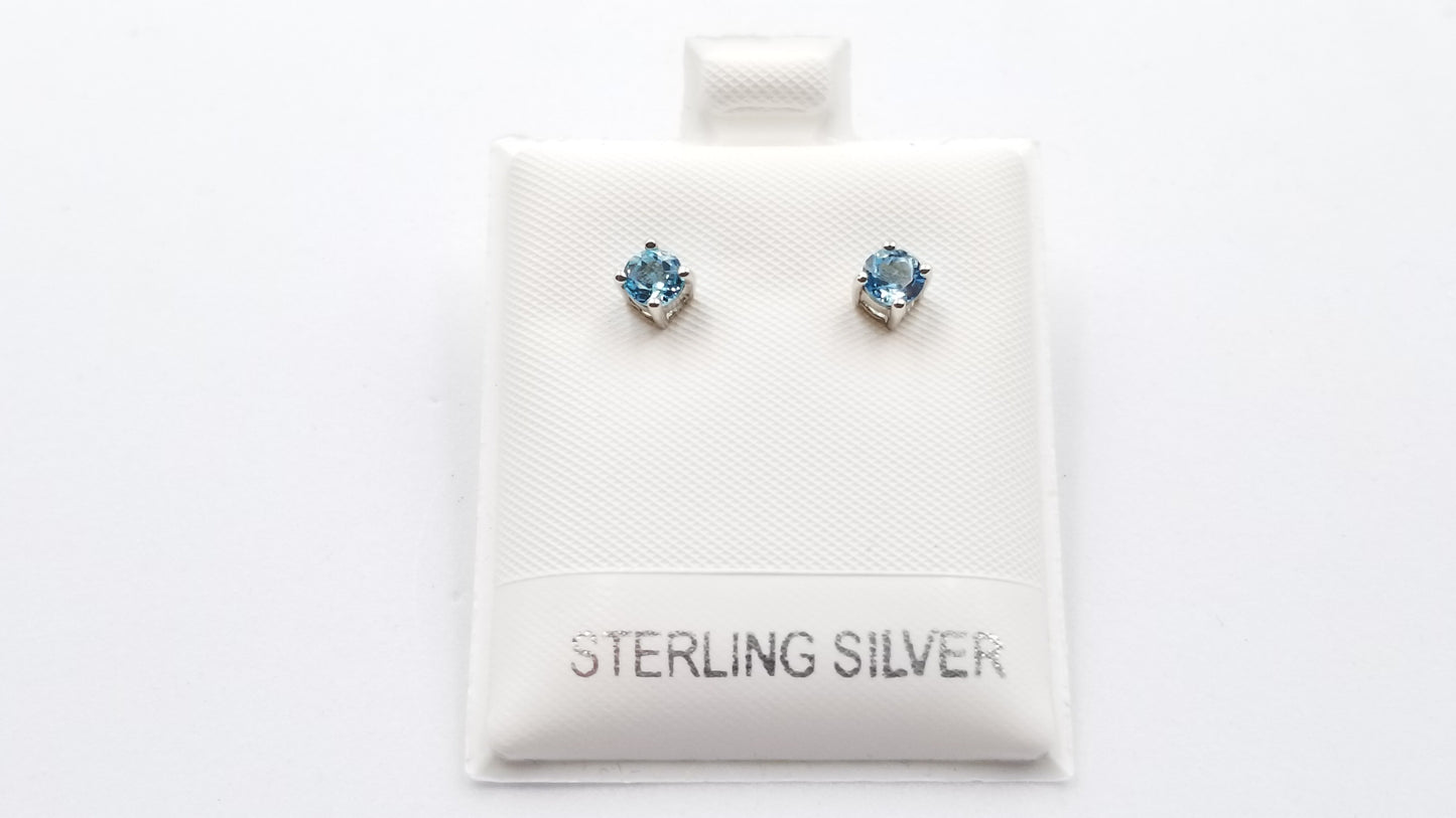 BLUE TOPAZ 4 MM ROUND PRONG SET STERLING SILVER STUDS EARRINGS