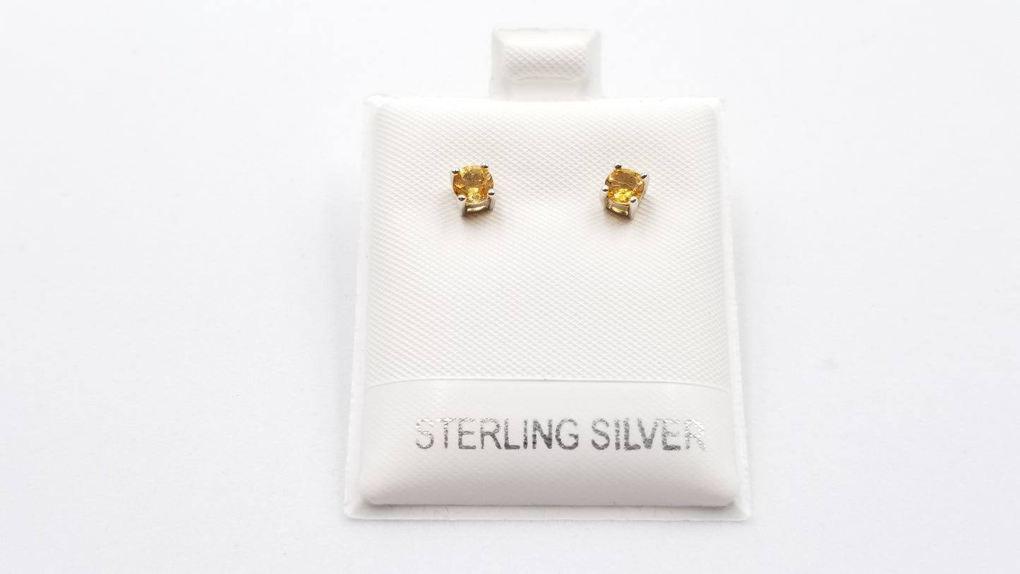 CITRINE 4 MM ROUND PRONG SET STERLING SILVER STUDS EARRINGS