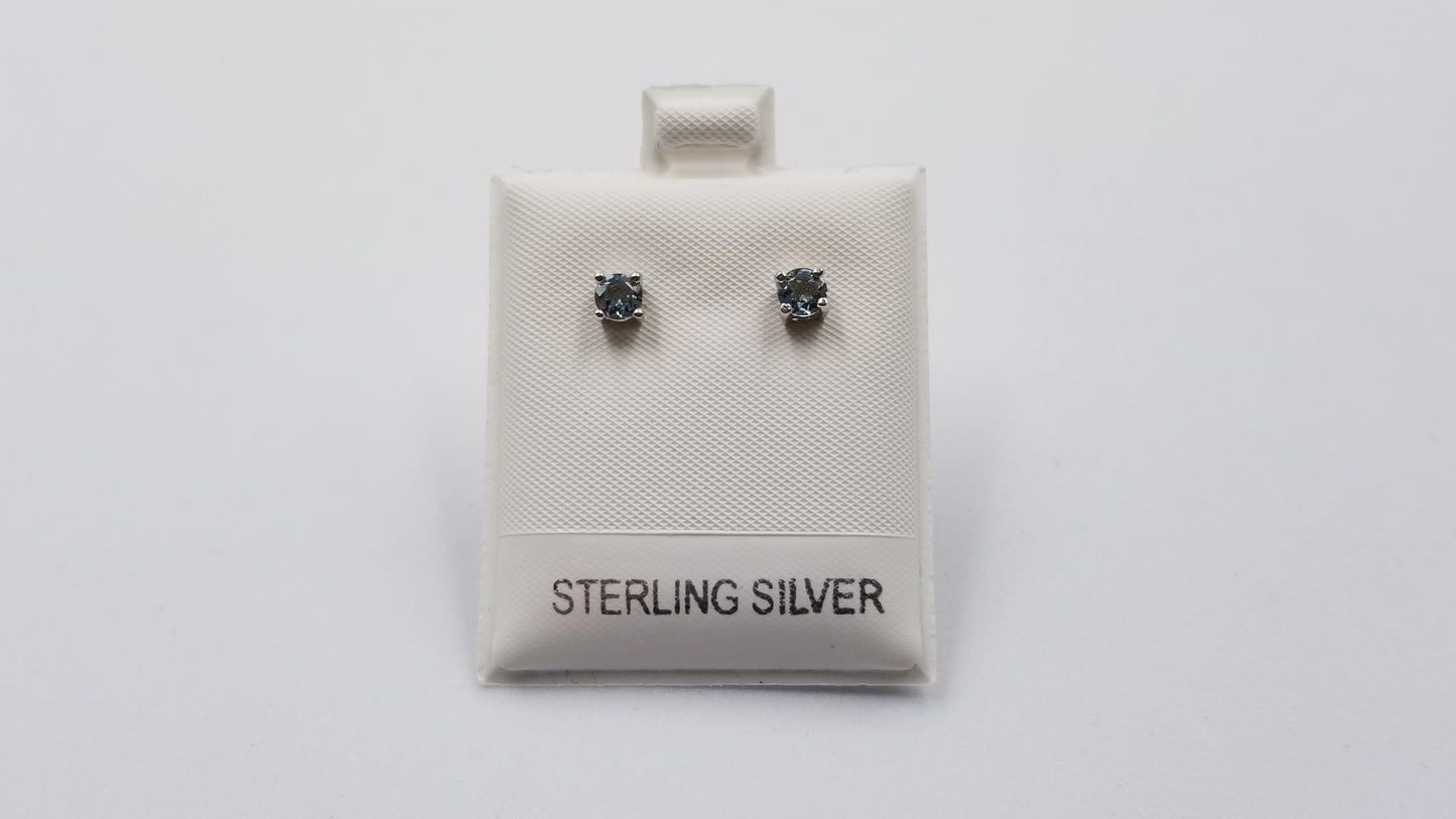 AQUAMARINE 4 MM ROUND PRONG SET STERLING SILVER STUDS EARRINGS