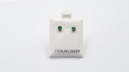 EMERALD 4 MM ROUND PRONG SET STERLING SILVER STUDS EARRINGS