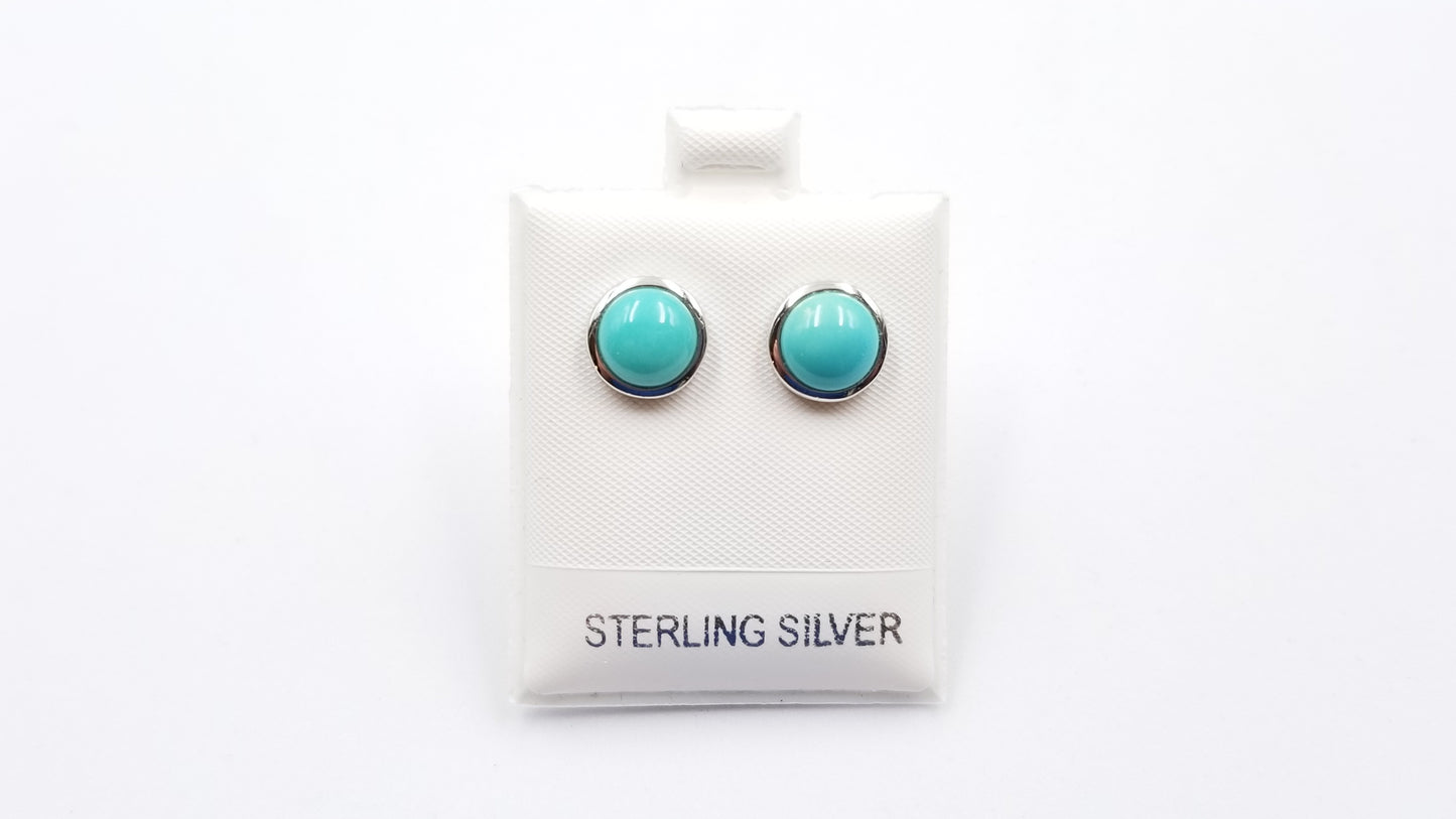 TURQUOISE 8 MM ROUND BEZEL SET STERLING SILVER STUDS EARRINGS