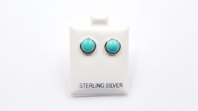 TURQUOISE 8 MM ROUND BEZEL SET STERLING SILVER STUDS EARRINGS