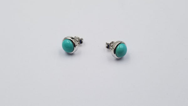 TURQUOISE 8 MM ROUND BEZEL SET STERLING SILVER STUDS EARRINGS