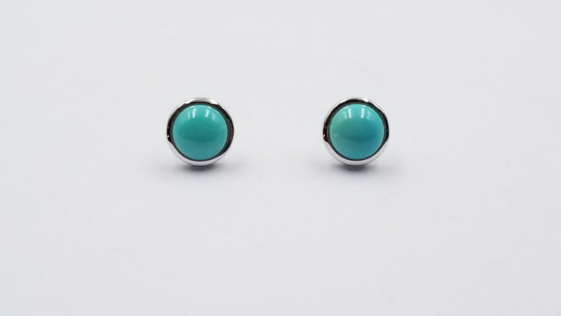 TURQUOISE 8 MM ROUND BEZEL SET STERLING SILVER STUDS EARRINGS