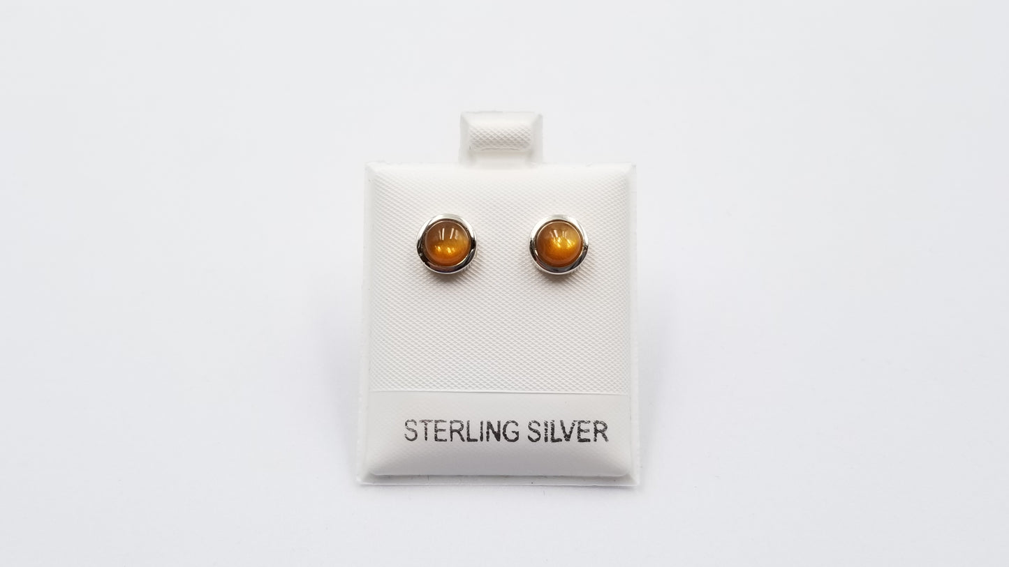 GOLD SUNSTONE 6 MM ROUND BEZEL SET STERLING SILVER STUDS EARRINGS
