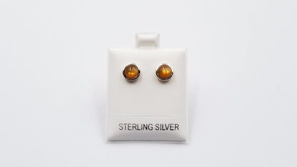GOLD SUNSTONE 6 MM ROUND BEZEL SET STERLING SILVER STUDS EARRINGS