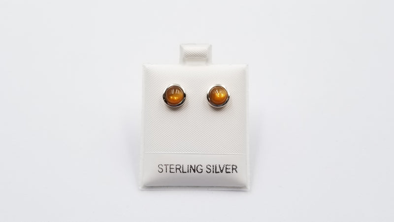 GOLD SUNSTONE 6 MM ROUND BEZEL SET STERLING SILVER STUDS EARRINGS