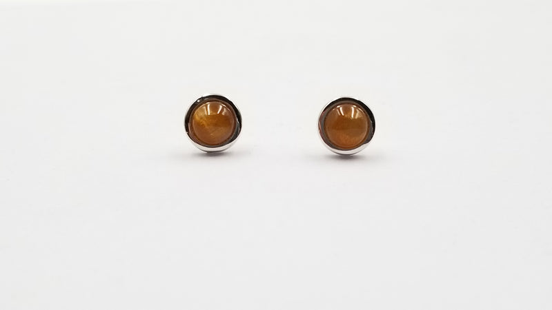 GOLD SUNSTONE 6 MM ROUND BEZEL SET STERLING SILVER STUDS EARRINGS