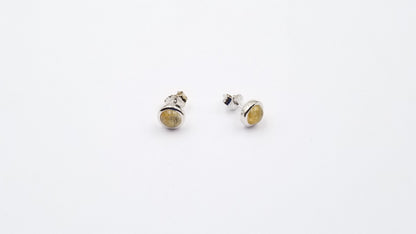 GOLD RUTILATED QUARTZ 6 MM ROUND BEZEL SET STERLING SILVER STUDS EARRINGS