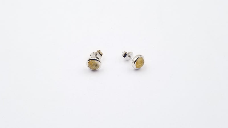 GOLD RUTILATED QUARTZ 6 MM ROUND BEZEL SET STERLING SILVER STUDS EARRINGS