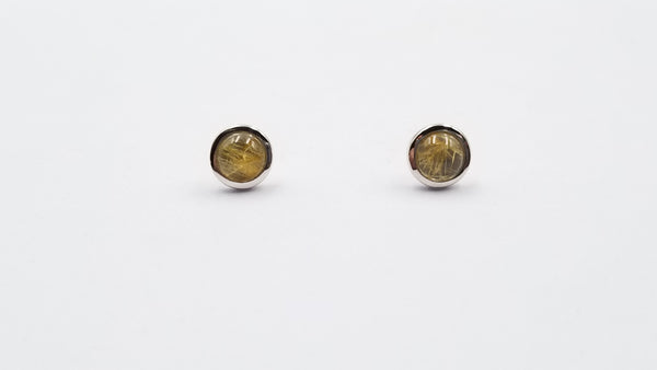 GOLD RUTILATED QUARTZ 6 MM ROUND BEZEL SET STERLING SILVER STUDS EARRINGS