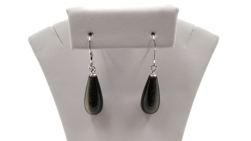 GOLD OBSIDIAN 8X20MM TEAR DROP STERLING SILVER WIRE EARRINGS