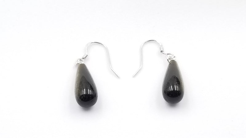 GOLD OBSIDIAN 8X20MM TEAR DROP STERLING SILVER WIRE EARRINGS