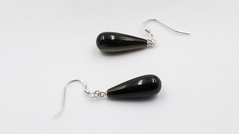 GOLD OBSIDIAN 8X20MM TEAR DROP STERLING SILVER WIRE EARRINGS