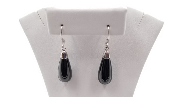 BLACK SPINEL 8X20MM TEAR DROP STERLING SILVER WIRE DANGLE EARRINGS