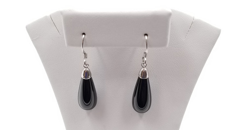 BLACK SPINEL 8X20MM TEAR DROP STERLING SILVER WIRE DANGLE EARRINGS