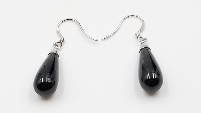 BLACK SPINEL 8X20MM TEAR DROP STERLING SILVER WIRE DANGLE EARRINGS