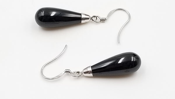 BLACK SPINEL 8X20MM TEAR DROP STERLING SILVER WIRE DANGLE EARRINGS