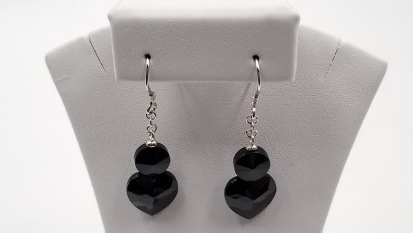 BLACK AGATE 8/12MM HEART STERLING SILVER DANGLE EARRINGS