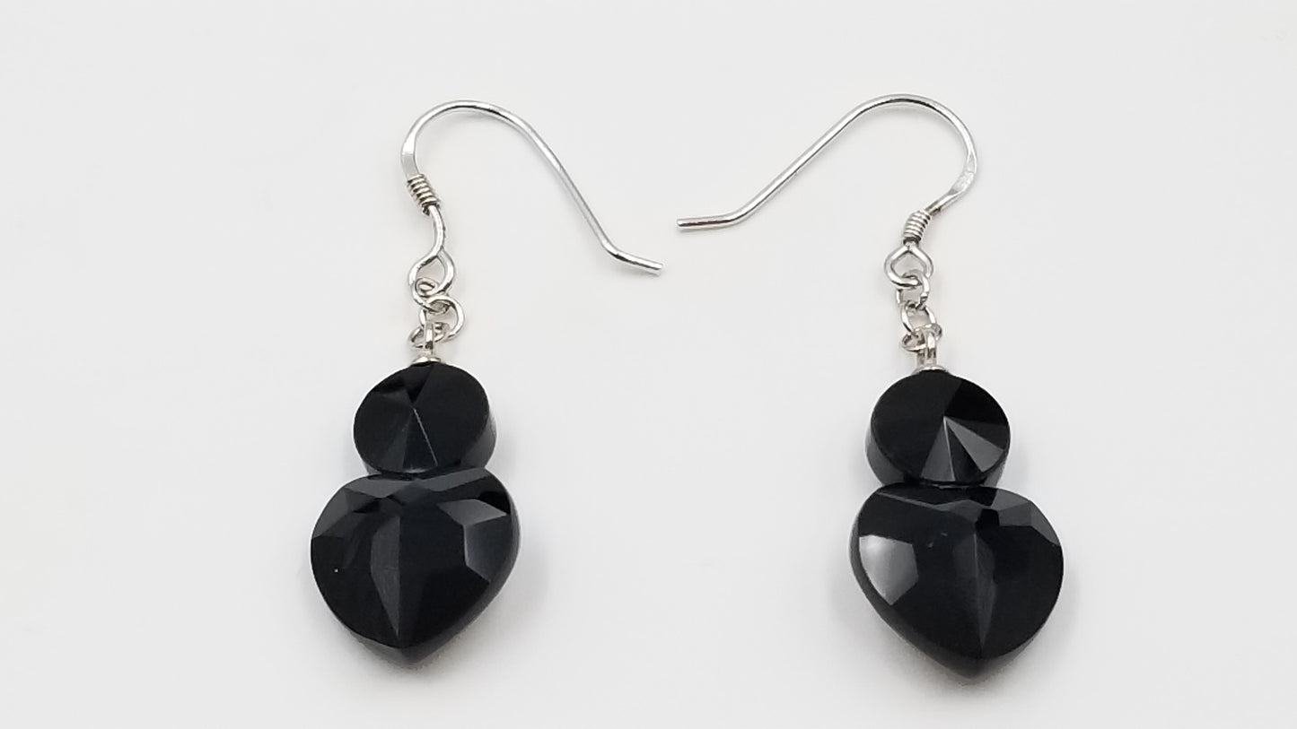 BLACK AGATE 8/12MM HEART STERLING SILVER DANGLE EARRINGS