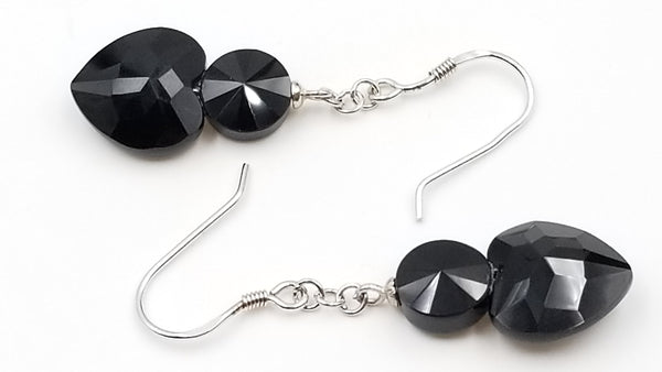 BLACK AGATE 8/12MM HEART STERLING SILVER DANGLE EARRINGS