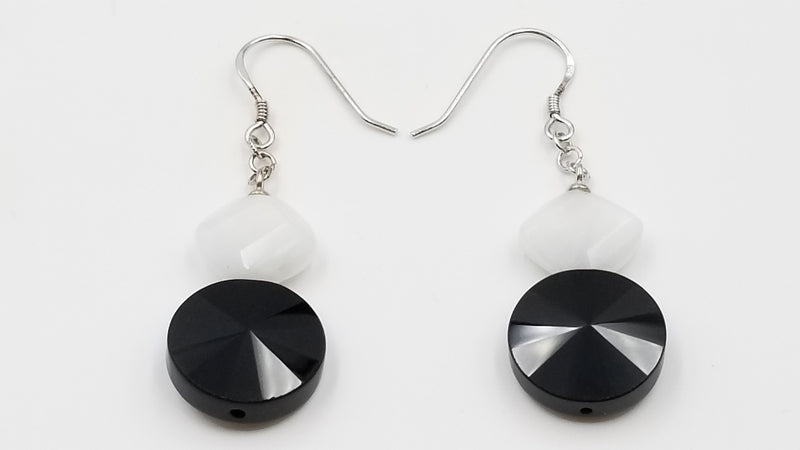 WHITE/BLACK QUARTZ 12X10X6/15 MM STERLING SILVER DANGLE EARRINGS