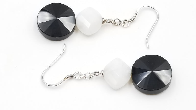 WHITE/BLACK QUARTZ 12X10X6/15 MM STERLING SILVER DANGLE EARRINGS