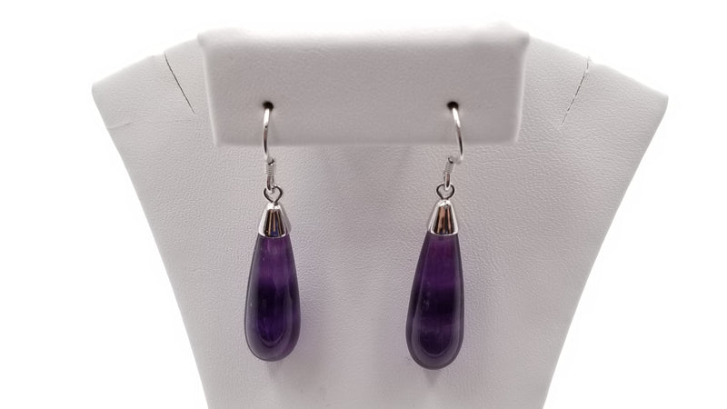 PURPLE FLUORITE 8X25MM STERLING SILVER DANGLE EARRINGS