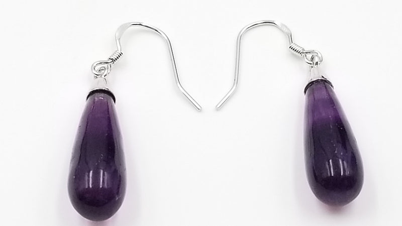 PURPLE FLUORITE 8X25MM STERLING SILVER DANGLE EARRINGS