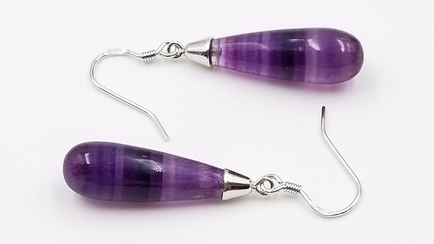 PURPLE FLUORITE 8X25MM STERLING SILVER DANGLE EARRINGS