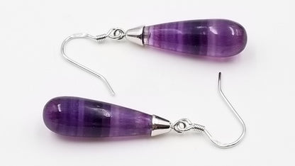 PURPLE FLUORITE 8X25MM STERLING SILVER DANGLE EARRINGS