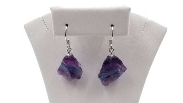 GREEN FLUORITE FREE FORM ROUGH STERLING SILVER DANGLE EARRINGS