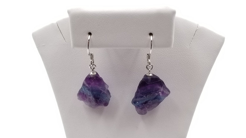 GREEN FLUORITE FREE FORM ROUGH STERLING SILVER DANGLE EARRINGS