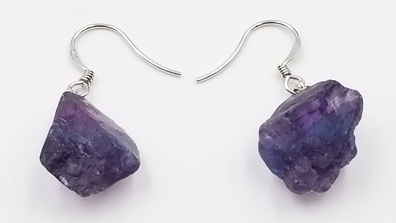 GREEN FLUORITE FREE FORM ROUGH STERLING SILVER DANGLE EARRINGS