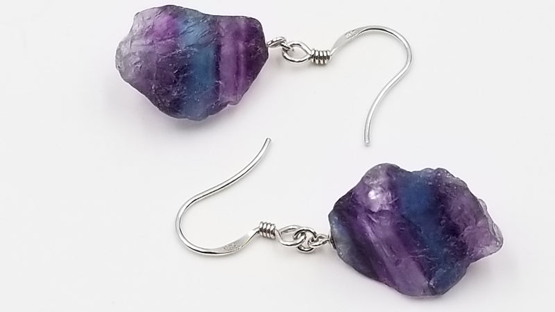 GREEN FLUORITE FREE FORM ROUGH STERLING SILVER DANGLE EARRINGS