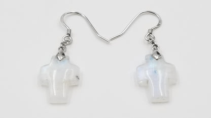 MOONSTONE 12X16MM CROSS STERLING SILVER DANGLE EARRINGS