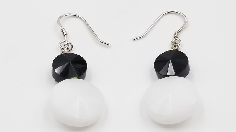 BLACK AGATE/ WHITE QUARTZ 10/15MM STERLING SILVER DANGLE EARRINGS