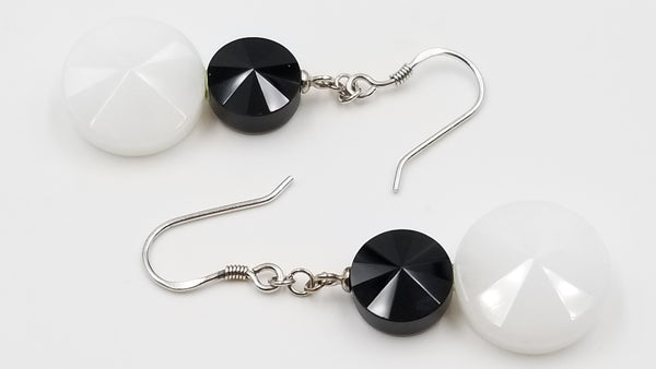 BLACK AGATE/ WHITE QUARTZ 10/15MM STERLING SILVER DANGLE EARRINGS