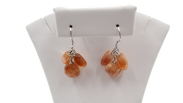 SUNSTONE TEAR DROP THREE STONES STERLING SILVER DANGLE EARRINGS